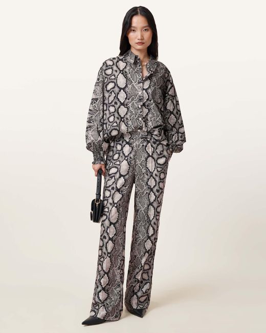 AllSaints Brown Charli Snake Print Long Sleeve Shirt, Flow Ecru