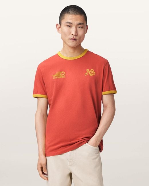 AllSaints Red Furia Short Sleeve Soccer T-Shirt for men