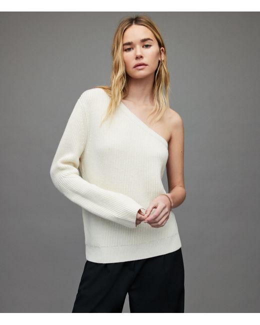 AllSaints Women's Asymmetric One Shoulder Ribbed Sweater in Grey | Lyst  Canada