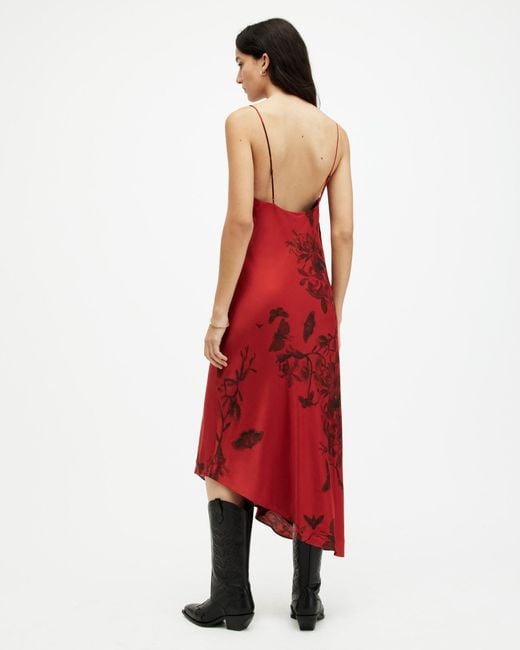 AllSaints Red Alexia Silk Blend V-neck Midi Slip Dress