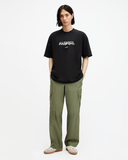 AllSaints Black Slanted Logo Oversized Crew Neck T-shirt, for men