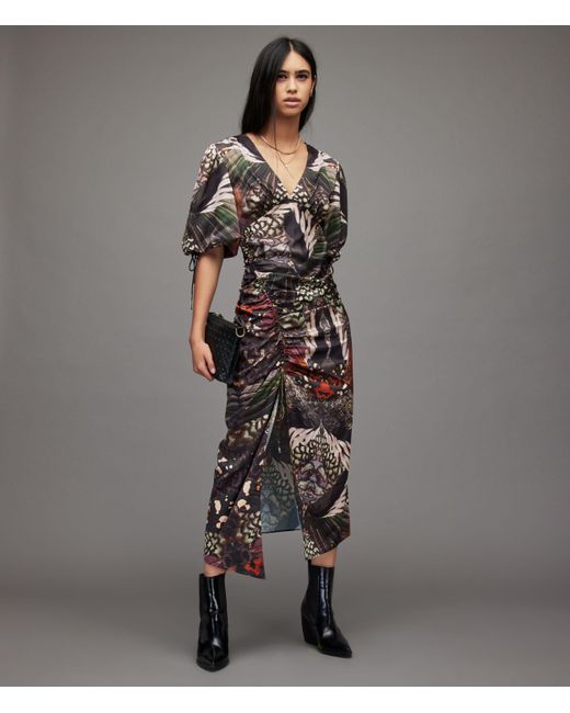 AllSaints Gray Safiya Gene Butterfly Print Maxi Dress