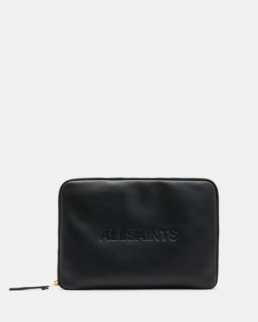 AllSaints Black Saff Leather Embossed Logo Laptop Case