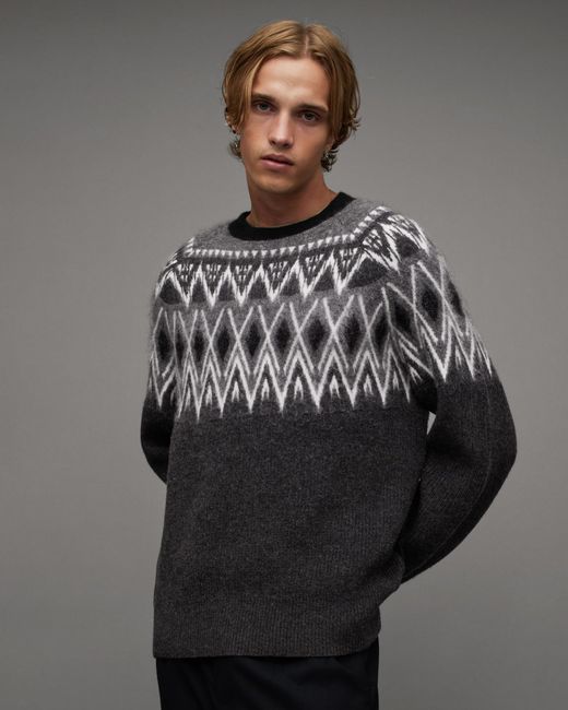 AllSaints Gray Ace Fair Isle Oversized Sweater for men