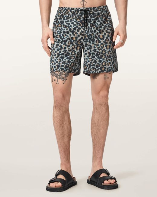 AllSaints Blue Silesia Leopard Print Slim Fit Swim Shorts for men