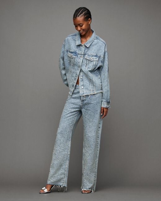 AllSaints Gray Wendel Crystal Embellished Wide Jeans