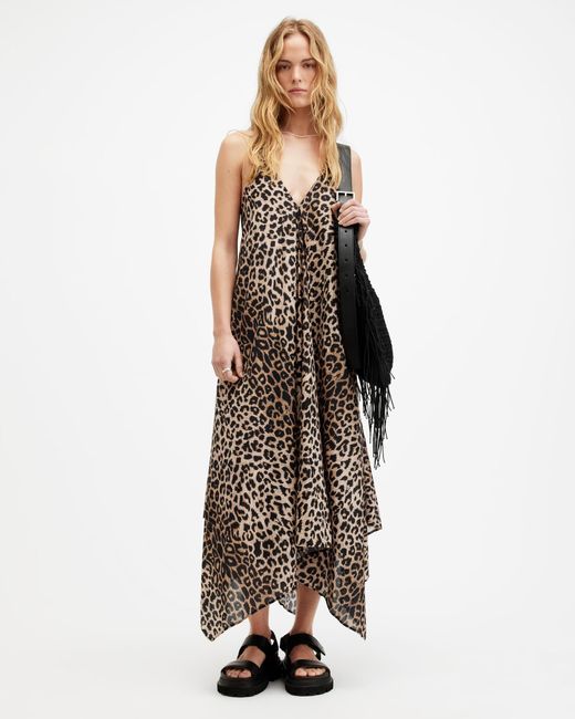 AllSaints Multicolor Lil Leopard Print Asymmetric Maxi Dress,