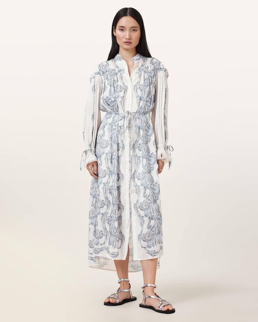 AllSaints White Delphine Floral Print Midi Shirt Dress