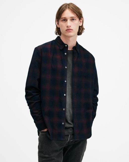 AllSaints Blue Daybreaker Corduroy Checked Shirt for men