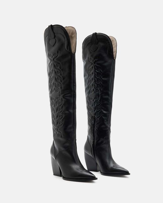 AllSaints Black Roxanne Knee High Western Leather Boots