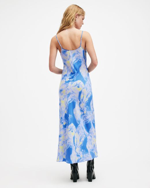 AllSaints Blue Bryony Spiral Print Midi Slip Dress,