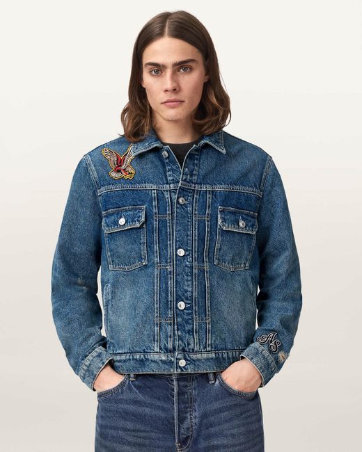 AllSaints Blue Exile Slim Fit Denim Patch Jacket for men