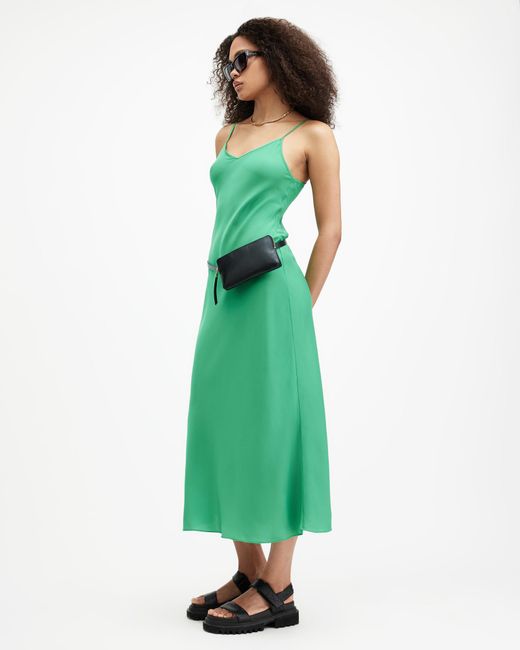 AllSaints Green Bryony V-neck Midi Slip Dress,