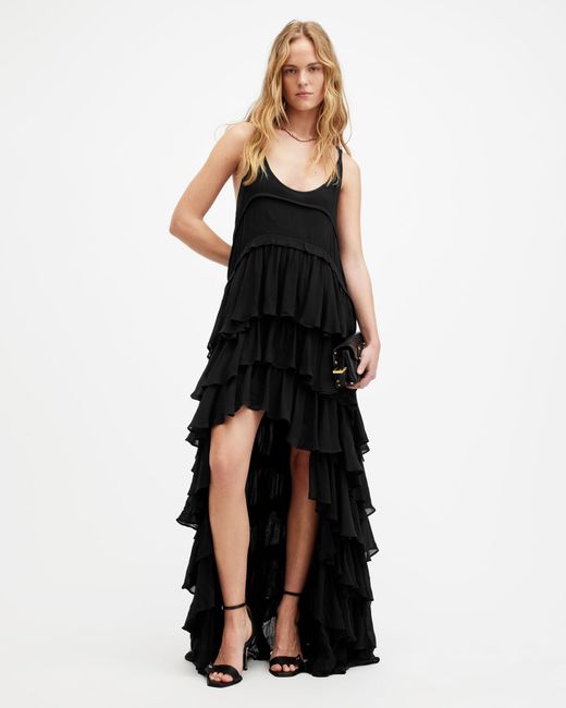 AllSaints Black Cavarly Tiered Ruffle Maxi Dress