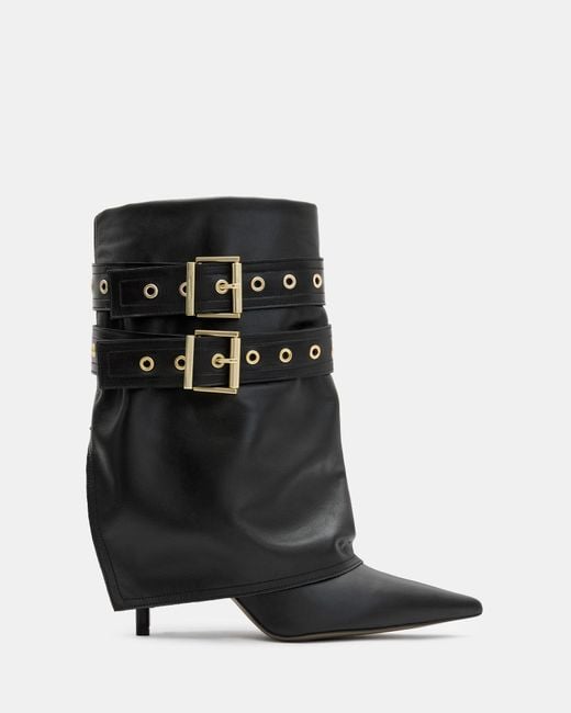 AllSaints Black Dua Fold-Over Buckle Leather Boots
