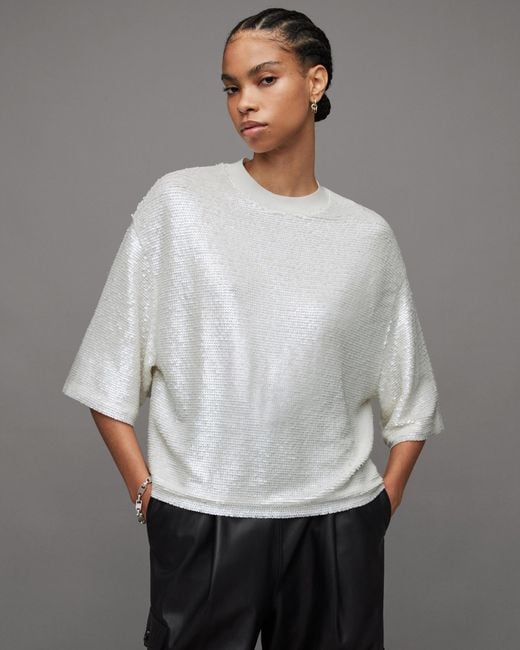 AllSaints Gray Juela Sequin Oversized Fit T-shirt