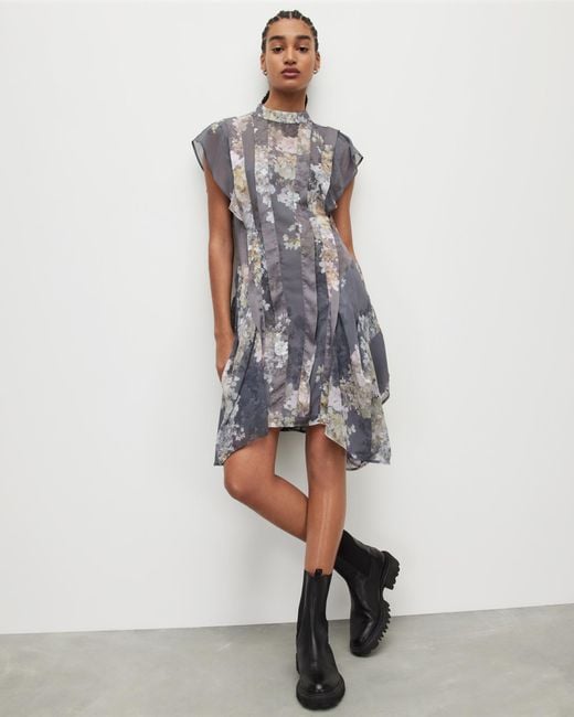 AllSaints White Fleur Venetia Mini Asymmetric Hem Dress