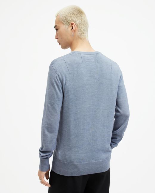 AllSaints Blue Mode Merino Crew Neck Ramskull Sweater for men