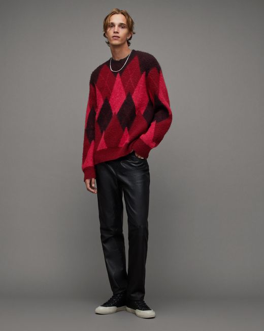 AllSaints Harley Brushed Argyle Crew Neck Sweater in Red for Men 