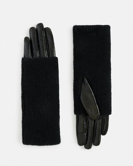 AllSaints Black Jesse Leather Knitted Cuff Gloves