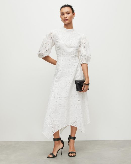 AllSaints White Camila Puff Sleeve Broderie Maxi Dress
