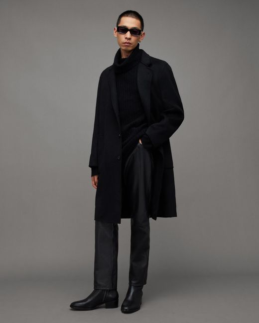 AllSaints Black Stano Oversized Wool Blend Coat for men