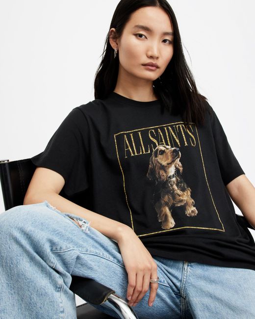 AllSaints Black Pepper Dog Artwork Oversized T-shirt,