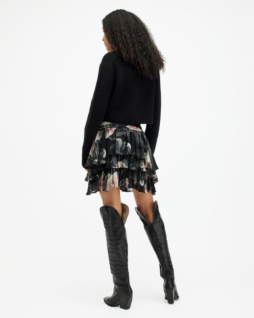 AllSaints Black Cavrly Floral Valley Ruffled Mini Skirt,
