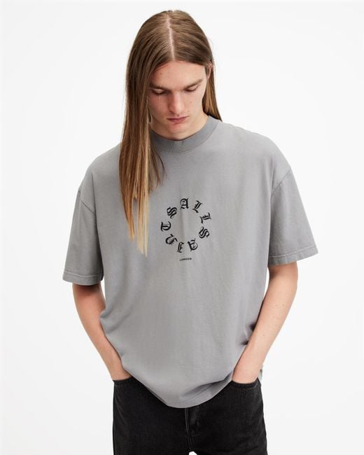 AllSaints Gray Fraktur Logo Print Oversized T-Shirt,, Trinity for men