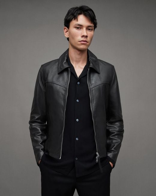 AllSaints Gray Tune Cropped Zip Up Leather Jacket, for men