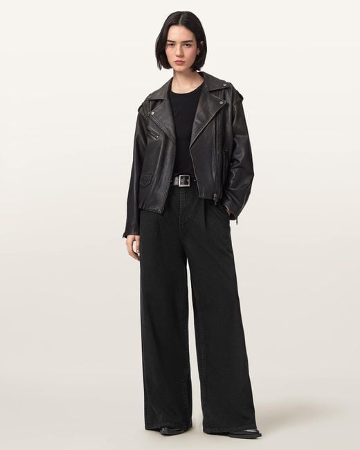 AllSaints Black Haze Pleated Wide Leg Jeans