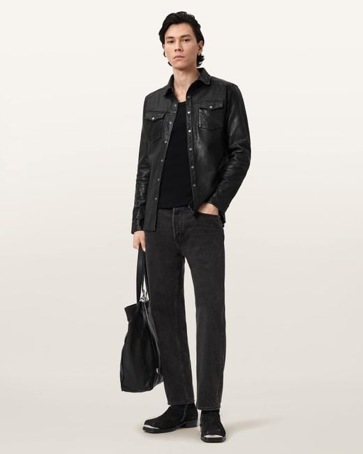 AllSaints Black Irwin Leather Shirt for men
