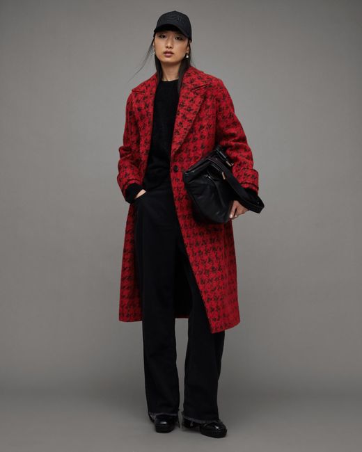 AllSaints Red Mabel Double Breasted Houndstooth Coat