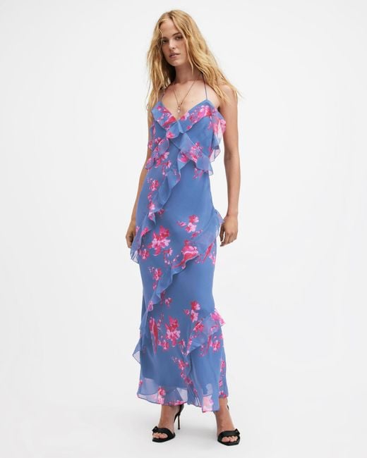 AllSaints Blue Marina Iona Floral Print Slim Fit Dress,