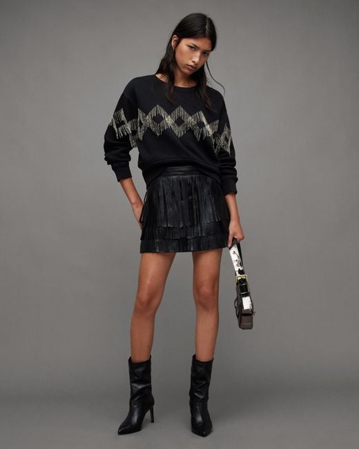 AllSaints Black Aisha Tassel Fringed Leather Mini Skirt,