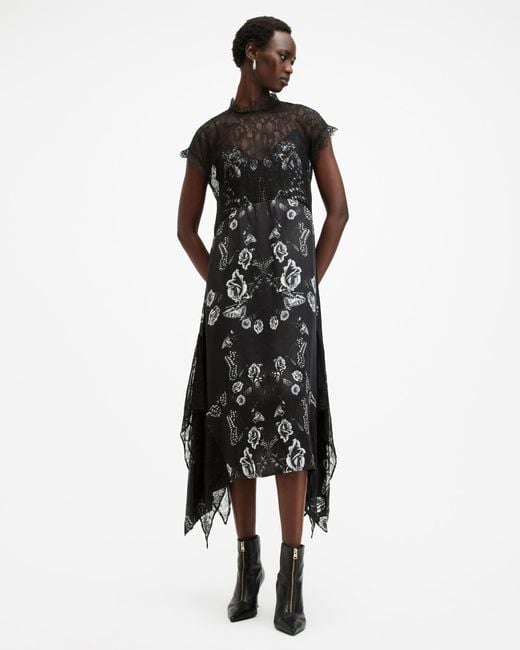 AllSaints Black Gian Lace Trim Asymmetric Maxi Dress,, Monica