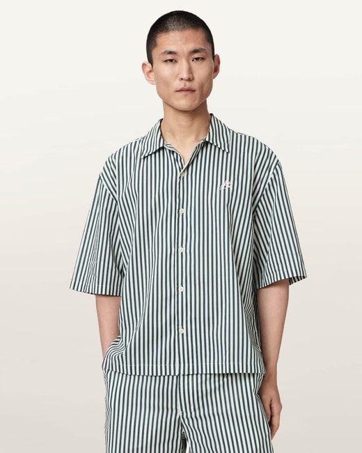 AllSaints Blue Chopin Boxy Short Sleeve Striped Shirt for men