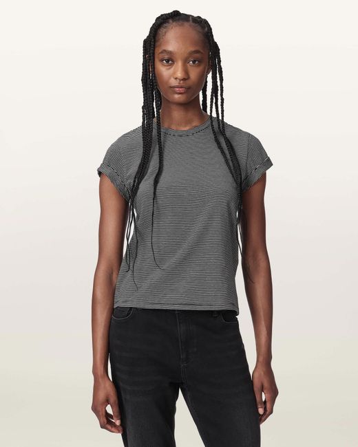 AllSaints Gray Anna Striped Cotton T-Shirt
