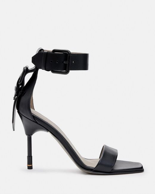 AllSaints Black Noir Leather High Metal Heel Sandals