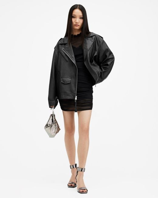 AllSaints Black Daylen Oversized Leather Biker Jacket