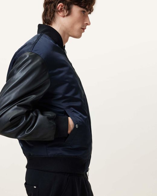 AllSaints Blue Myler Leather Sleeve Bomber, /Ink for men