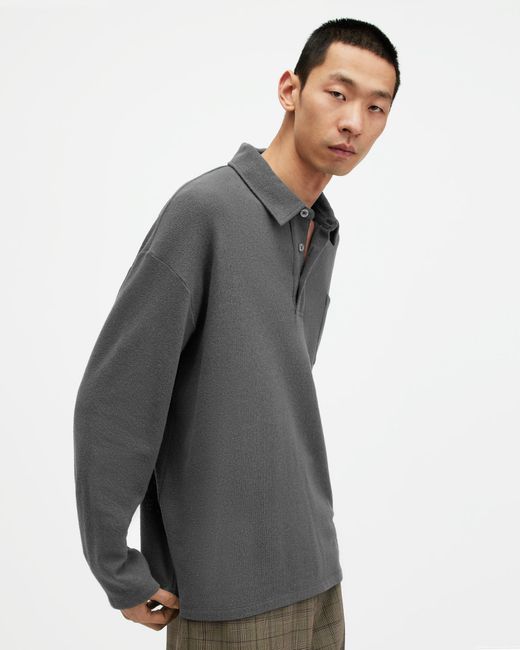 AllSaints Gray Eris Long Sleeve Oversized Polo Shirt for men