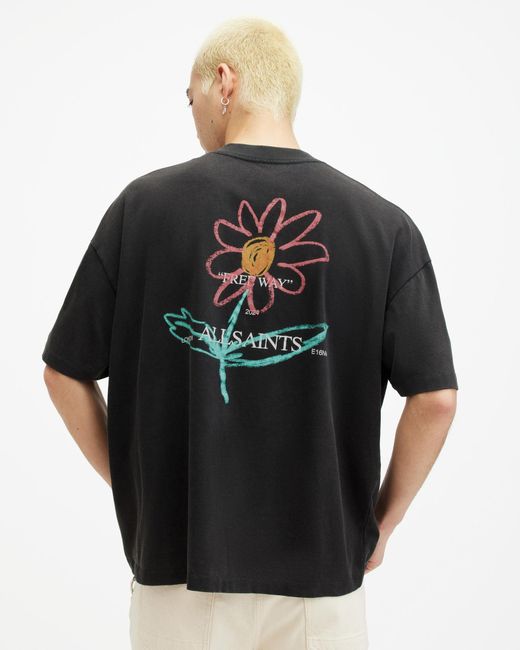 AllSaints Black Crayo Graphic Oversized Crew T-shirt, for men