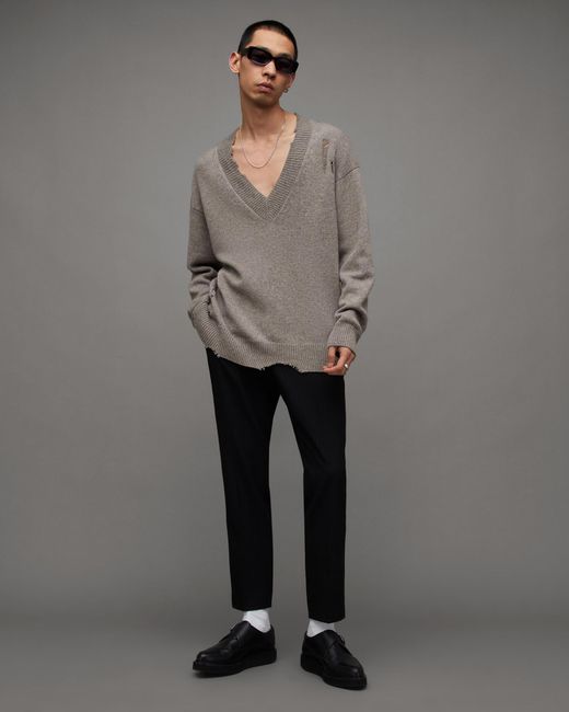AllSaints Gray Vicious Oversized V-neck Sweater for men