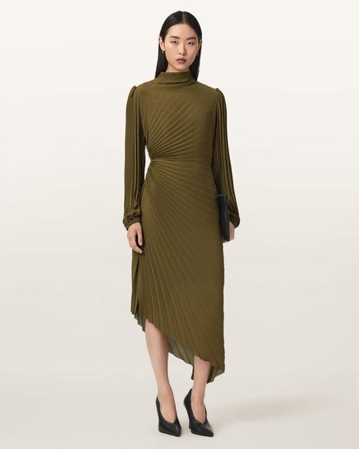 AllSaints Green Milena Asymmetric Pleated Midi Dress