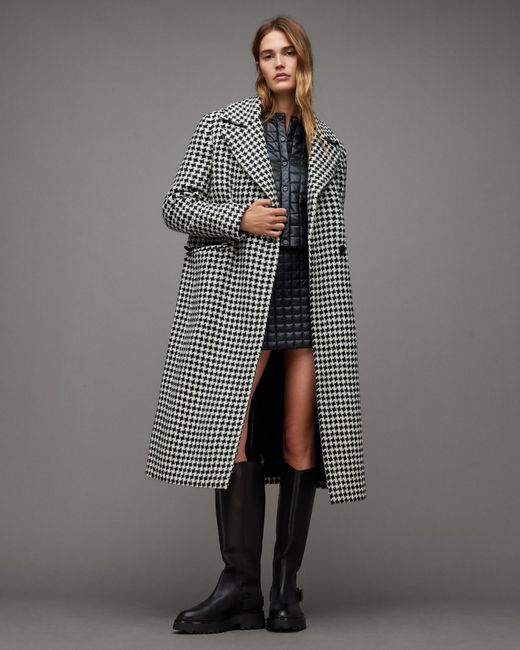 AllSaints Gray Alexis Star Checked Jacquard Wool Coat