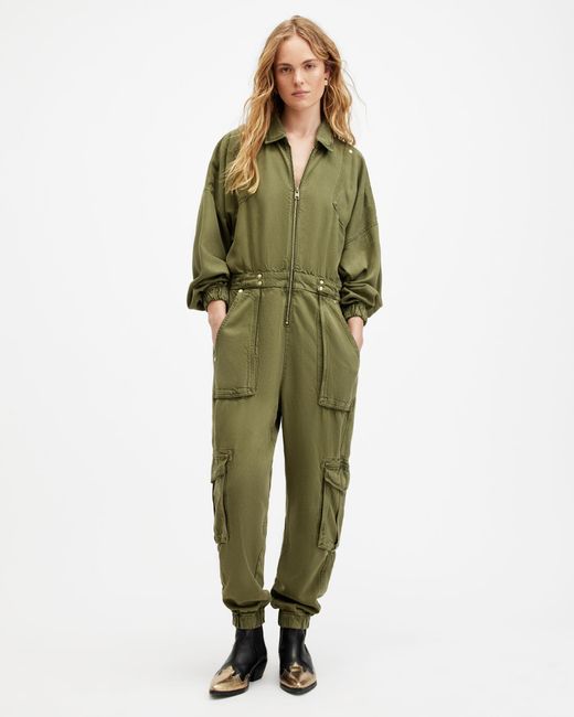 AllSaints Green Freda Relaxed Fit Denim Jumpsuit