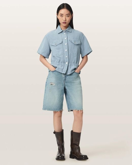 AllSaints Blue Tove Short Sleeve Linen Blend Shirt