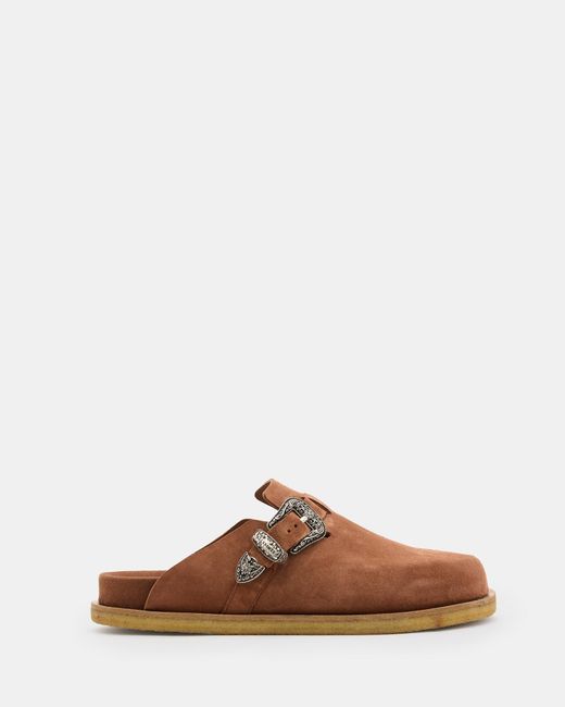 AllSaints Brown Carlo Suede Western Buckle Mules for men