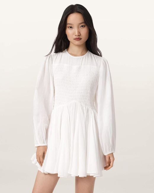 AllSaints White Chia Smocked Mini Dress